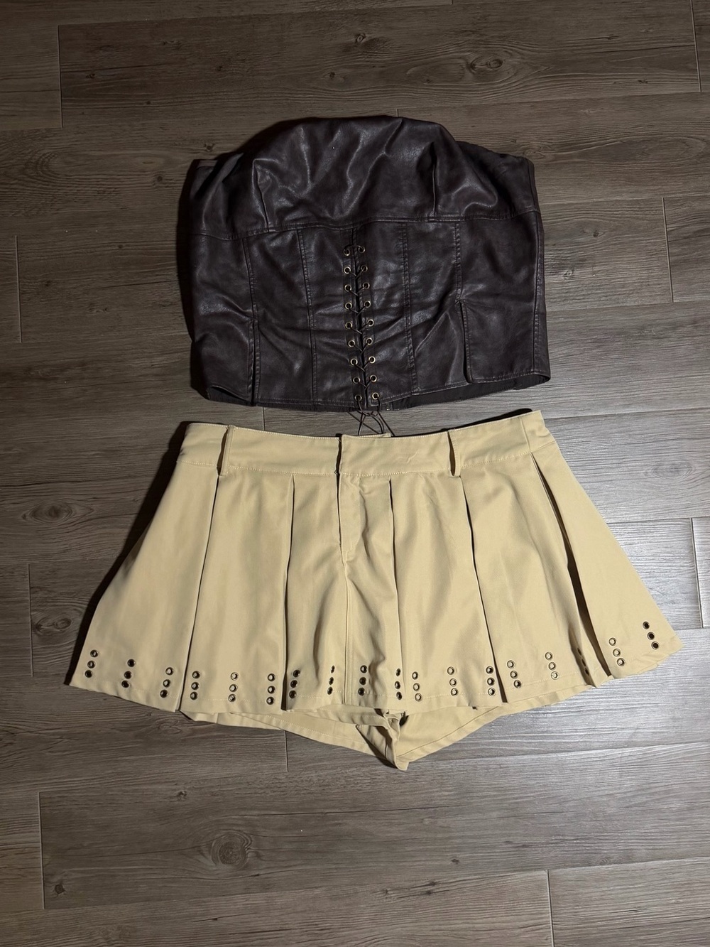 Princess Polly Brown Leather Corset Top + Cream Pleated Skort Set
